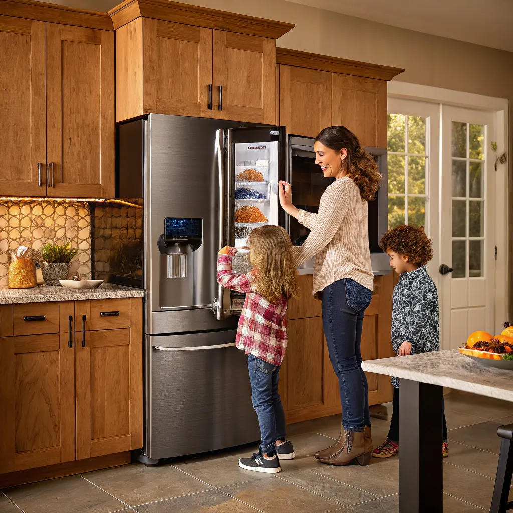 A family enjoying modern appliances in their cozy kitchen